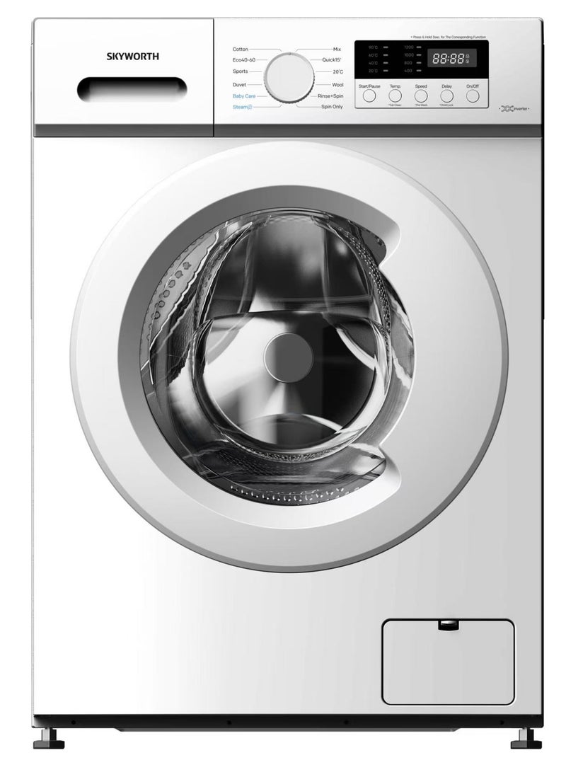 سكاي ورث سكاي وورث F60131UBC0 – غسالة ملابس أوتوماتيكية بالكامل، تحميل أمامي، مزودة بمحرك BLDC إنفرتر، 12 برنامج غسيل، شاشة عرض LED، قفل للأطفال، سعة 6 كجم – أبيض - Image 1