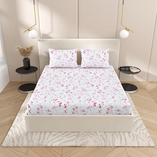 Plumora Cotton King Size Bedsheet 108x108 Super King, 100% Pure Cotton Bed Sheet with 2 Pillow Covers, 240 TC Soft Breathable Floral Design Bedding - (Ruby Bloom, Super King) - Image 1