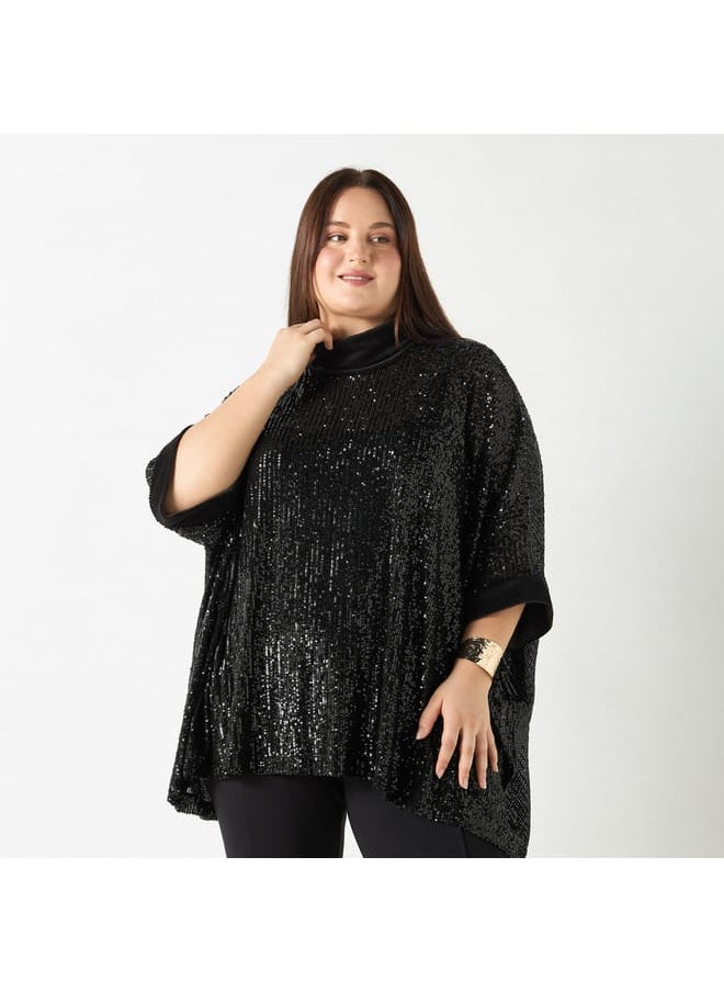 Ulla Popken Plus Size Ulla Popken Embellished High Neck Poncho  - Image 1