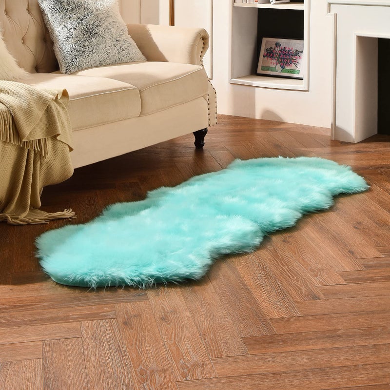 duduta Turquoise Blue Faux Sheepskin Runner Rugs 2x6 ft, Fluffy Shag Bedroom Rug Fur Sofa Couch Covers Washable - Image 1