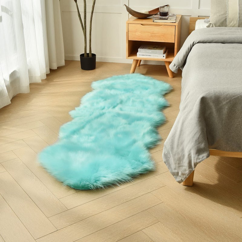 duduta Turquoise Blue Faux Sheepskin Runner Rugs 2x6 ft, Fluffy Shag Bedroom Rug Fur Sofa Couch Covers Washable - Image 2