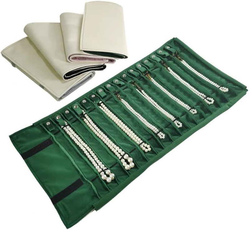 SCIKHEFT Portable Jewelry Roll Untangled Secure Necklace Travel Storage Bag Displays Holder 16 Chain (gray PU and green) - Image 2
