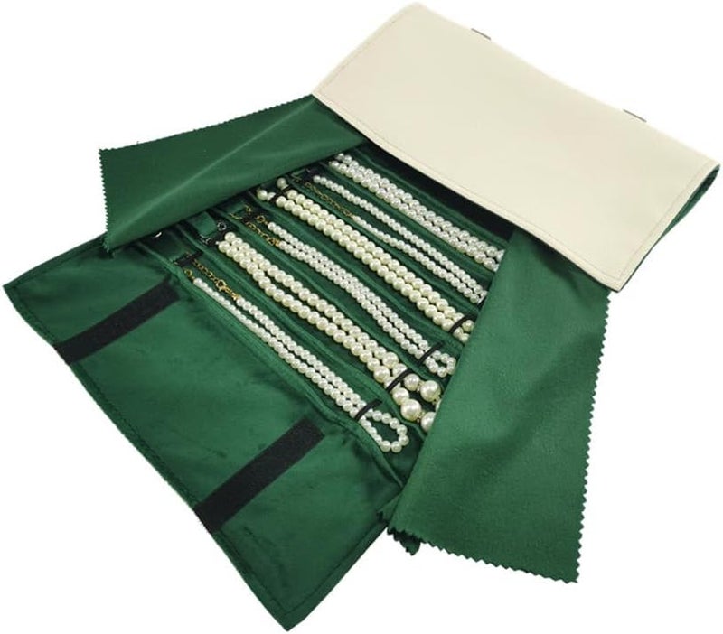 SCIKHEFT Portable Jewelry Roll Untangled Secure Necklace Travel Storage Bag Displays Holder 16 Chain (gray PU and green) - Image 5