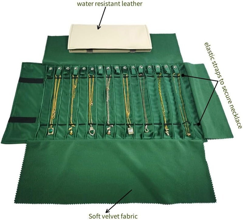SCIKHEFT Portable Jewelry Roll Untangled Secure Necklace Travel Storage Bag Displays Holder 16 Chain (gray PU and green) - Image 4