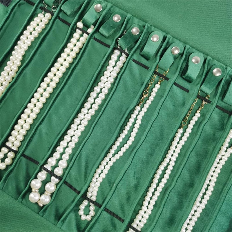 SCIKHEFT Portable Jewelry Roll Untangled Secure Necklace Travel Storage Bag Displays Holder 16 Chain (gray PU and green) - Image 3