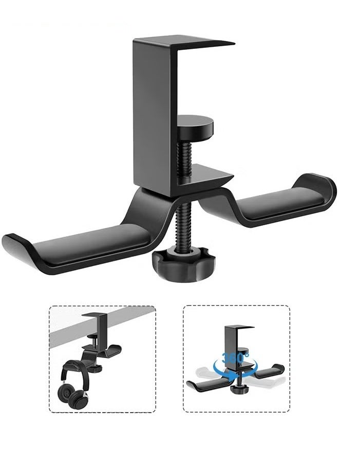 EETU Dual Rotatable Headphone Stand Hanger, UNUNS Aluminum Under Desk Clamp Headset Holder, 360° Rotating Earphone Mount with Adjustable Clamp for All Headphones, PC Gaming Headphone, Black - Image 1