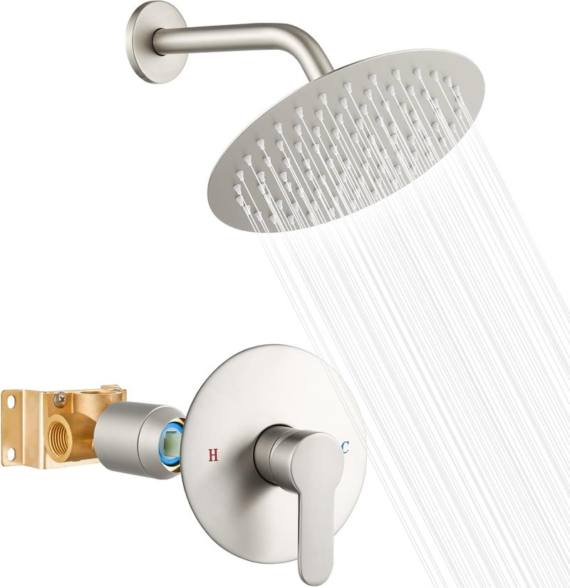 Heyalan Shower Faucet Set with Valve Kit,8 Inch Bathroom Rainfall Shower Head and Handle Set System Trim Kit,Female Thread Valve Single Function,Brushed Nickel - Image 1