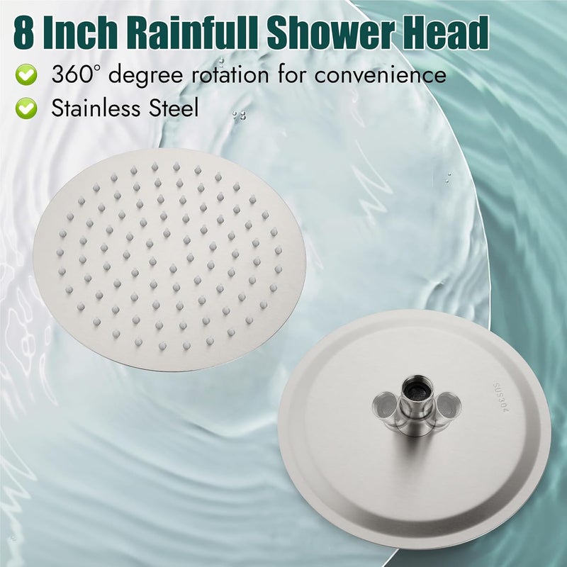 Heyalan Shower Faucet Set with Valve Kit,8 Inch Bathroom Rainfall Shower Head and Handle Set System Trim Kit,Female Thread Valve Single Function,Brushed Nickel - Image 4