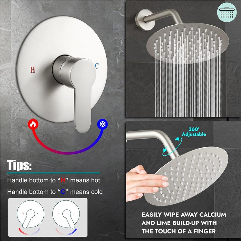 Heyalan Shower Faucet Set with Valve Kit,8 Inch Bathroom Rainfall Shower Head and Handle Set System Trim Kit,Female Thread Valve Single Function,Brushed Nickel - Image 5