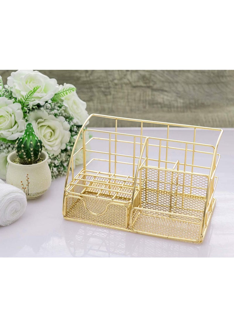 Y&D Desk Organizer, Mesh Office Supplies Accessories, Features 5 Compartments + 1 Mini Sliding Drawer, All-in-one Supplies, Organizers and Storage (Plating-Gold)  - Image 1