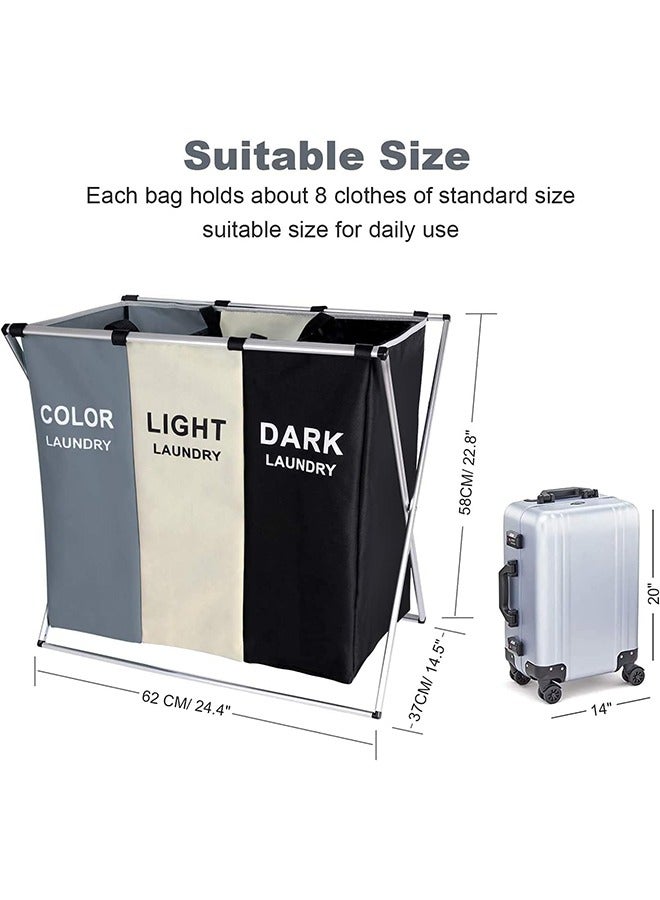 Arabest Laundry Basket Clothes Hamper 135L 3 Sections Clothe Sorter Bin,Foldable Waterproof Organizer Bag with Aluminum Frame,Washing Storage Dirty Clothes Basket for Bathroom Washroom Bedroom - Image 2