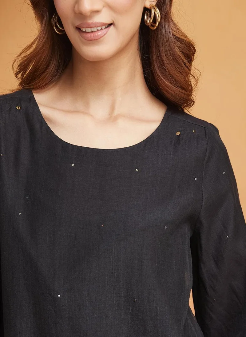 فاب انديا Black Cotton Silk Woven Top
