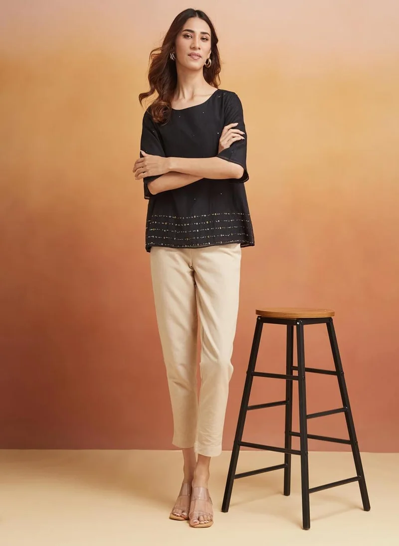 فاب انديا Black Cotton Silk Woven Top