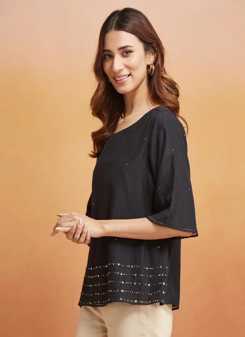 فاب انديا Black Cotton Silk Woven Top