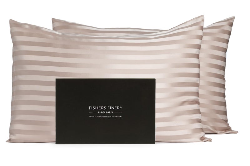 Fishers Finery Fishers Finery 30mm 100% Pure Mulberry Silk Pillowcase Set  Good Housekeeping Quality Tested (Taupe Stripe  Queen  2 Pack)  - Image 1