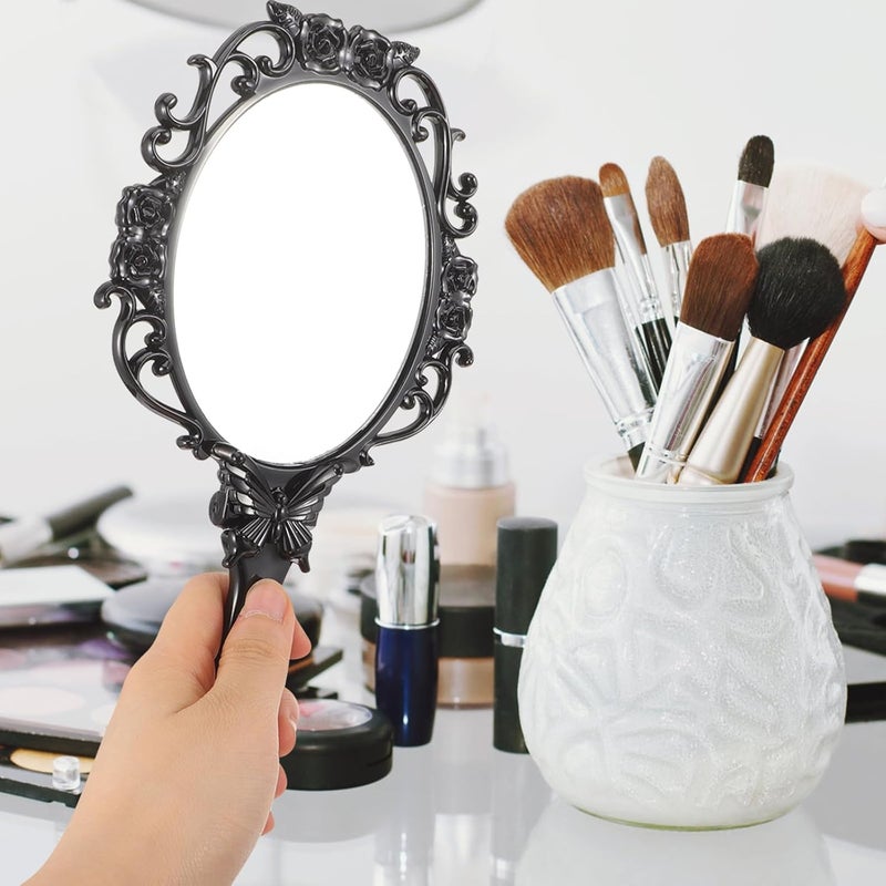 KASTWAVE 2-Pack Retro Handheld Vanity Mirrors, Black Circular Makeup Mirrors with Folding Design, Portable Antique Style Mirrors with Floral Details for Travel and Daily Use, 23x12cm - Image 4
