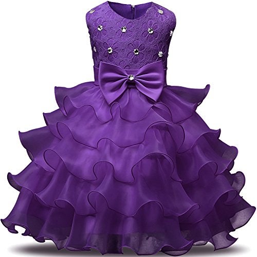 NNJXD Girl Dress Kids Ruffles Lace Party Wedding Dresses Size (140) 6-7 Years Deep Purple - Image 4