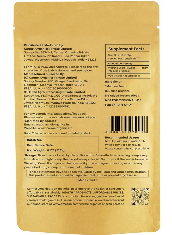 CARMEL ORGANICS CARMEL ORGANICS Mucuna Pruriens Natural (White) Seeds Powder 8 Ounce or 0.5 Lb/227 Grams | Non GMO | Kosher | Kapikachhu Powder | No Added Preservative  - Image 2