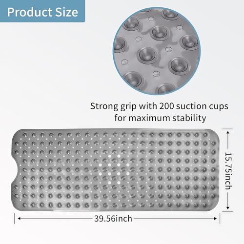 Tcbelosion Bath Tub Shower Mat,Non Slip Machine Washable Bathroom Mat,Suction Cups and Drain Holes for Easy Cleaning,39.56 X 15.75 Inches(Grey) - Image 2