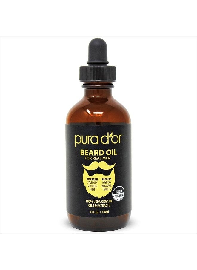 Pura d'or - Organic Beard Oil (4oz / 118mL) 100% Pure - USDA Certified - Natural Leave-In Conditioner, Argan & Jojoba Oil - Mustache Care & Maintenance, Increase Softness & Strength (Packaging may vary) - Image 1