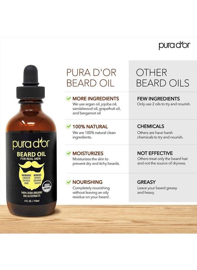 Pura d'or - Organic Beard Oil (4oz / 118mL) 100% Pure - USDA Certified - Natural Leave-In Conditioner, Argan & Jojoba Oil - Mustache Care & Maintenance, Increase Softness & Strength (Packaging may vary) - Image 1