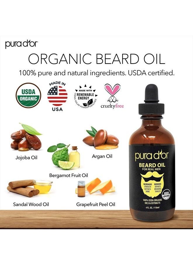 Pura d'or - Organic Beard Oil (4oz / 118mL) 100% Pure - USDA Certified - Natural Leave-In Conditioner, Argan & Jojoba Oil - Mustache Care & Maintenance, Increase Softness & Strength (Packaging may vary) - Image 1