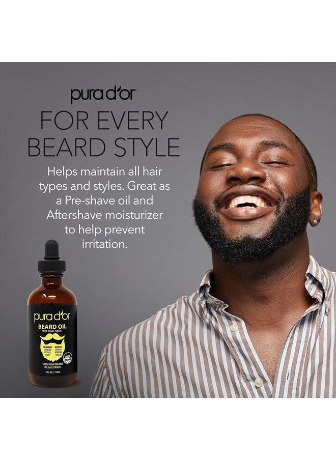 Pura d'or - Organic Beard Oil (4oz / 118mL) 100% Pure - USDA Certified - Natural Leave-In Conditioner, Argan & Jojoba Oil - Mustache Care & Maintenance, Increase Softness & Strength (Packaging may vary) - Image 1