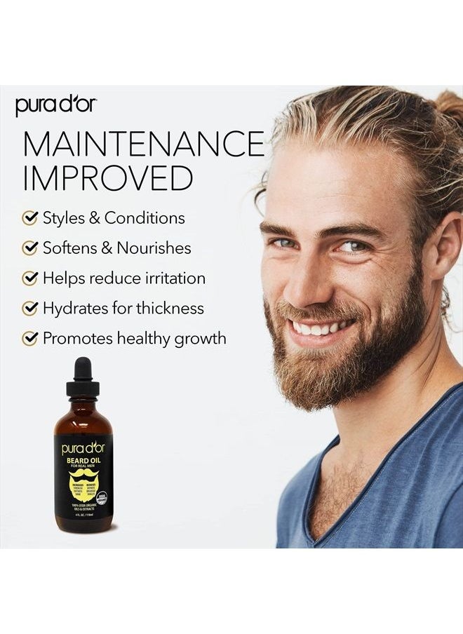 Pura d'or - Organic Beard Oil (4oz / 118mL) 100% Pure - USDA Certified - Natural Leave-In Conditioner, Argan & Jojoba Oil - Mustache Care & Maintenance, Increase Softness & Strength (Packaging may vary) - Image 1