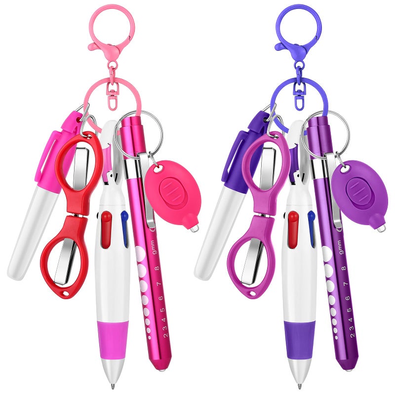 Draupnir 12 pcs Nurse Pen Set Two Colors Pink Purple Include Permanent Marker Pen Pen Lights for Nurses Retractable Ballpoint Pen Nursing Keychain Clip Foldable Scissors LED Flashlight Keychain for Nurses - Image 1