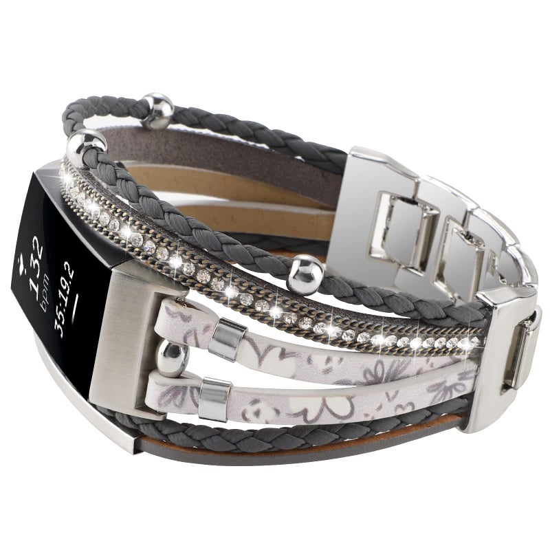 YONWORTH Posh Leather Band for Fitbit Charge 4 Charge 3 Bands,Women Boho Bracelets Wristbands Jewelry Multilayer Wrap Strap Band Replacement Charge 4/ Charge 3/ 3SE Accessories (Grey White Flower) - Image 2