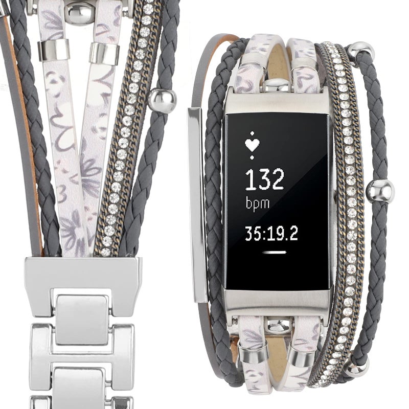 YONWORTH Posh Leather Band for Fitbit Charge 4 Charge 3 Bands,Women Boho Bracelets Wristbands Jewelry Multilayer Wrap Strap Band Replacement Charge 4/ Charge 3/ 3SE Accessories (Grey White Flower) - Image 3