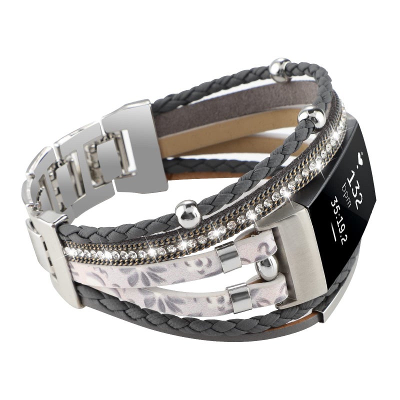 YONWORTH Posh Leather Band for Fitbit Charge 4 Charge 3 Bands,Women Boho Bracelets Wristbands Jewelry Multilayer Wrap Strap Band Replacement Charge 4/ Charge 3/ 3SE Accessories (Grey White Flower) - Image 1