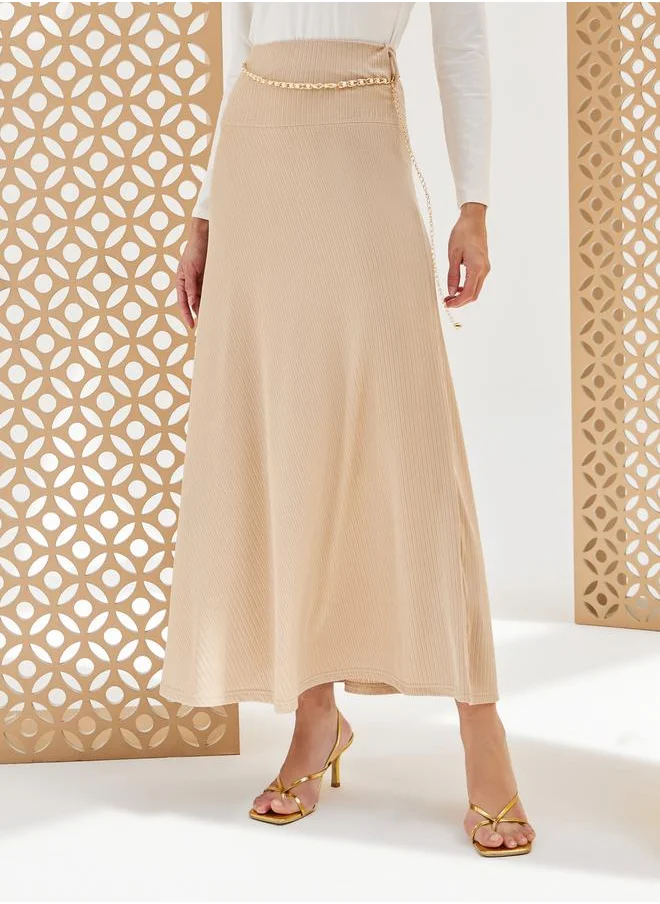 Styli Ribbed A-Line Maxi Skirt with Chain Detail