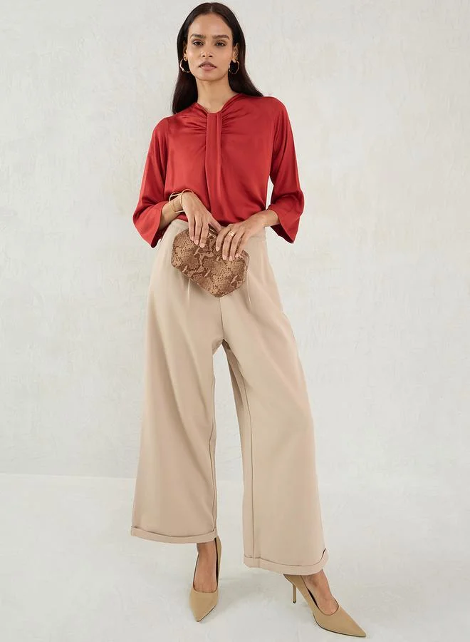 Femmella Femmella Solid Pleated Detail 3/4 Sleeve Top