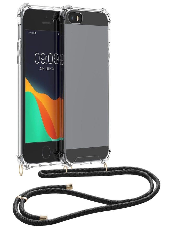 كي دابليو موبايل جراب كروسبودي من kwmobile متوافق مع هواتف Apple iPhone SE (الجيل الأول 2016) / iPhone 5 / iPhone 5S - غطاء هاتف شفاف من مادة TPU مع حزام حبل - أسود/شفاف - Image 1