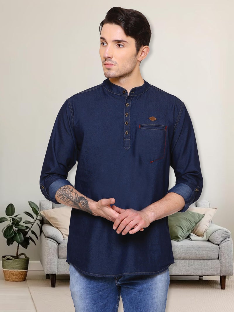 Kuons Avenue Men's Tailored Fit Denimax Blue Short Denim Kurta | Kurta Shirt for Men (KACLFS1235XXL_Denimax Blue_XX-Large) - Image 4