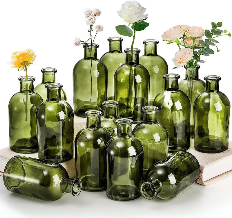 YOUEON 16 Pack Green Glass Bud Vases Small Bud Vases in Bulk Glass Flower Vases for Centerpieces Vintage Decorative Bottle Vases for Flowers Home Decor Wedding Reception Office