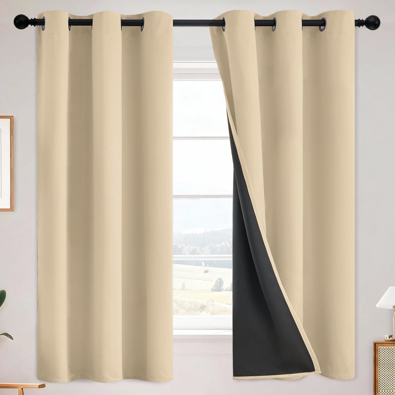 SimpleHome 100% Blackout Curtains for Bedroom,Thermal Insulated Cream Grommet Window Drapes Room Darkening Curtains for Living Room with Black Back,38 x 63 Inch,2 Panels - Image 1