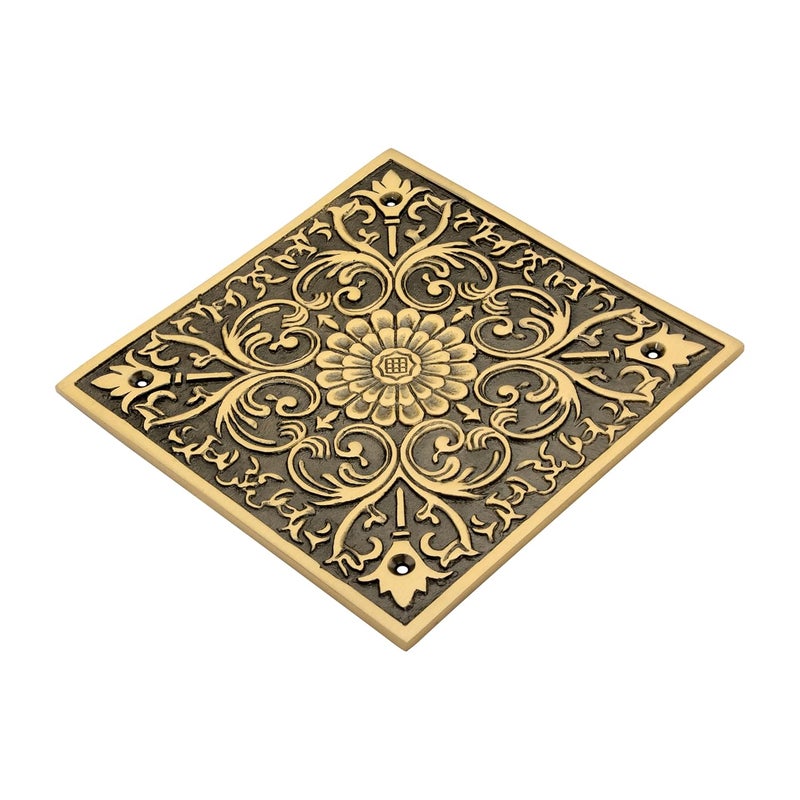 DEVDECOR , Decorative Brass Door Plate – 6"x6" Vintage Floral Design Door Accent for Home or tample - Image 2