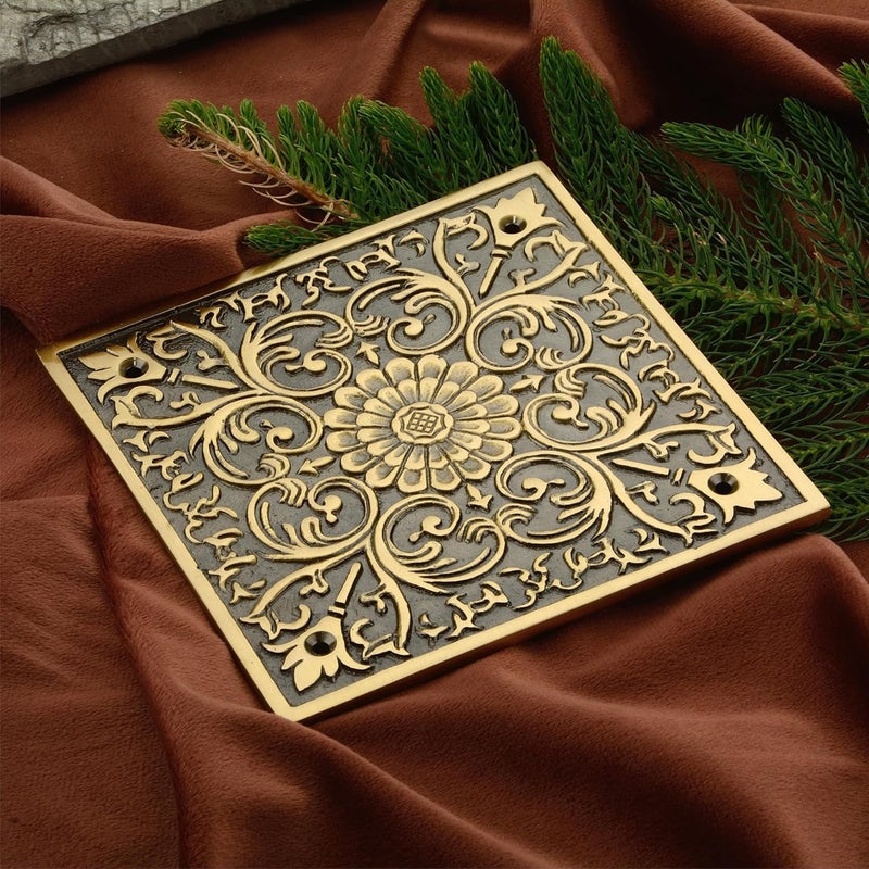 DEVDECOR , Decorative Brass Door Plate – 6"x6" Vintage Floral Design Door Accent for Home or tample - Image 1
