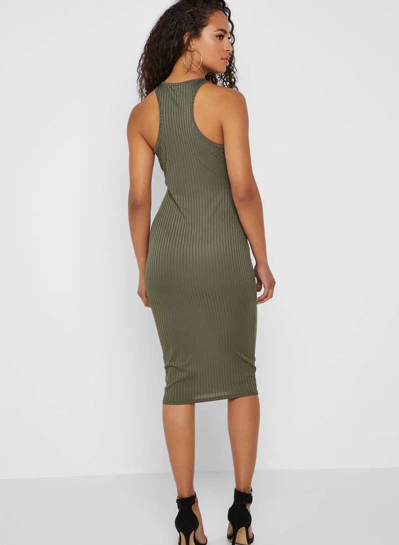 Missguided Ribbed Racer Neck Midi Dress
