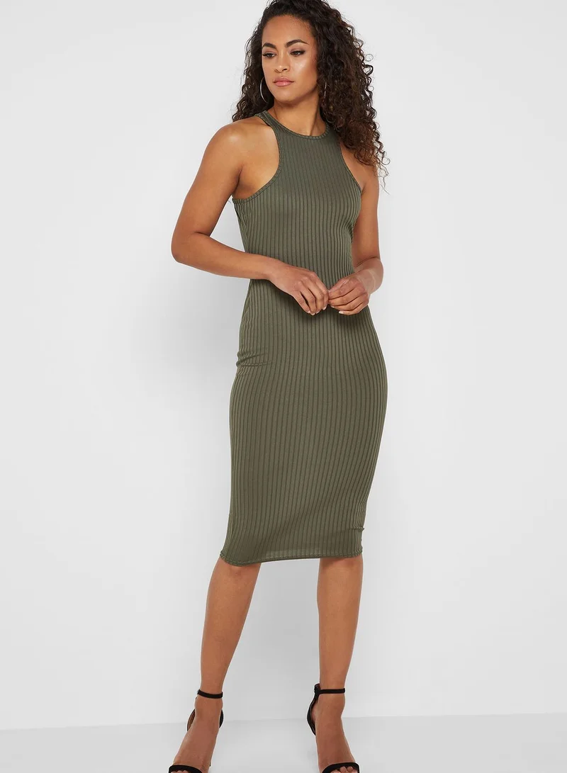 Missguided Ribbed Racer Neck Midi Dress