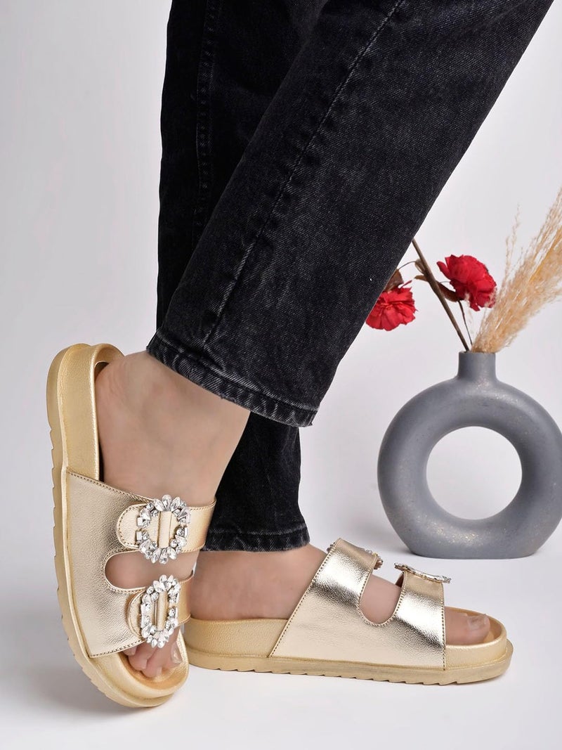 Shoetopia Women’s Embellished Golden Slide Sandals – Glam Slip-On Flats with Crystal Buckle Detail | Stylish & Comfortable Footwear for Party or Daily EU39 - Image 4