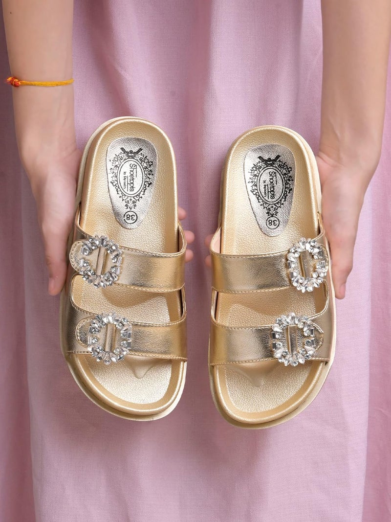 Shoetopia Women’s Embellished Golden Slide Sandals – Glam Slip-On Flats with Crystal Buckle Detail | Stylish & Comfortable Footwear for Party or Daily EU39 - Image 5