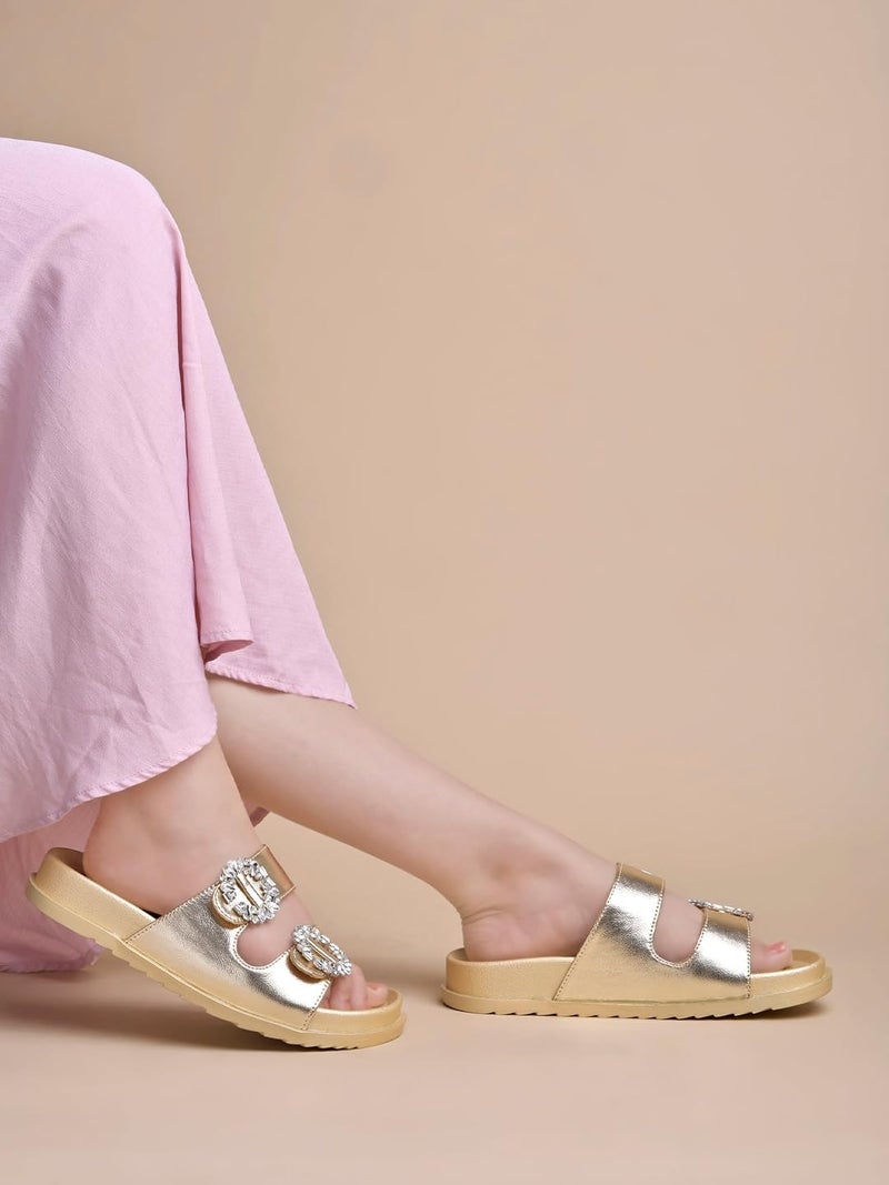 Shoetopia Women’s Embellished Golden Slide Sandals – Glam Slip-On Flats with Crystal Buckle Detail | Stylish & Comfortable Footwear for Party or Daily EU39 - Image 3