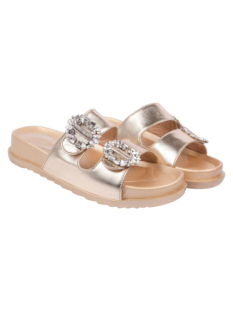 Shoetopia Women’s Embellished Golden Slide Sandals – Glam Slip-On Flats with Crystal Buckle Detail | Stylish & Comfortable Footwear for Party or Daily EU39 - Image 1