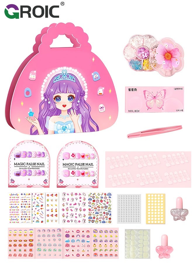 GROIC Kids Princess Nail Art Makeup Sticker Set, Press on Nails Set for Girls, Paper DIY Girl Makeup Bag Relief Making Material Dress Up Games Gift Toddler Birthday Gifts Princess Toys - Image 1