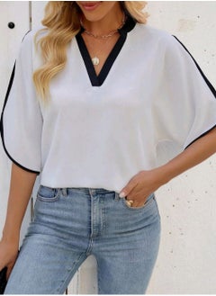 Shein SHEIN Clasi Women's V-Neck Contrast Color Block Short Sleeve Casual Shirt  - Image 2