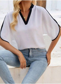 Shein SHEIN Clasi Women's V-Neck Contrast Color Block Short Sleeve Casual Shirt  - Image 3