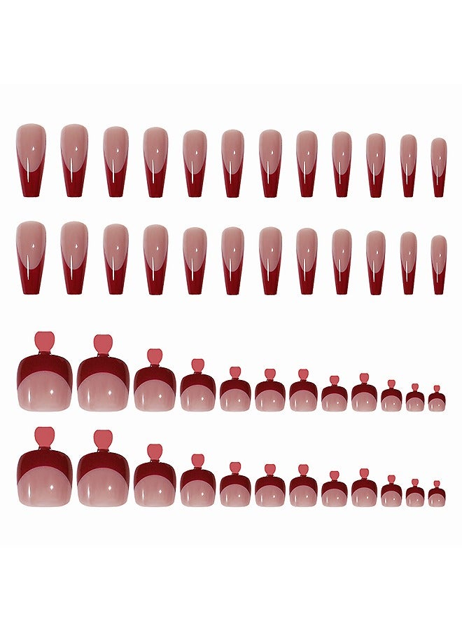 Beyond 48-Piece French Edge Press On Fake Nails, Include Jelly Stickers and Nail File and Small Wooden Stick (Burgundy+Nude Pink) - Image 3
